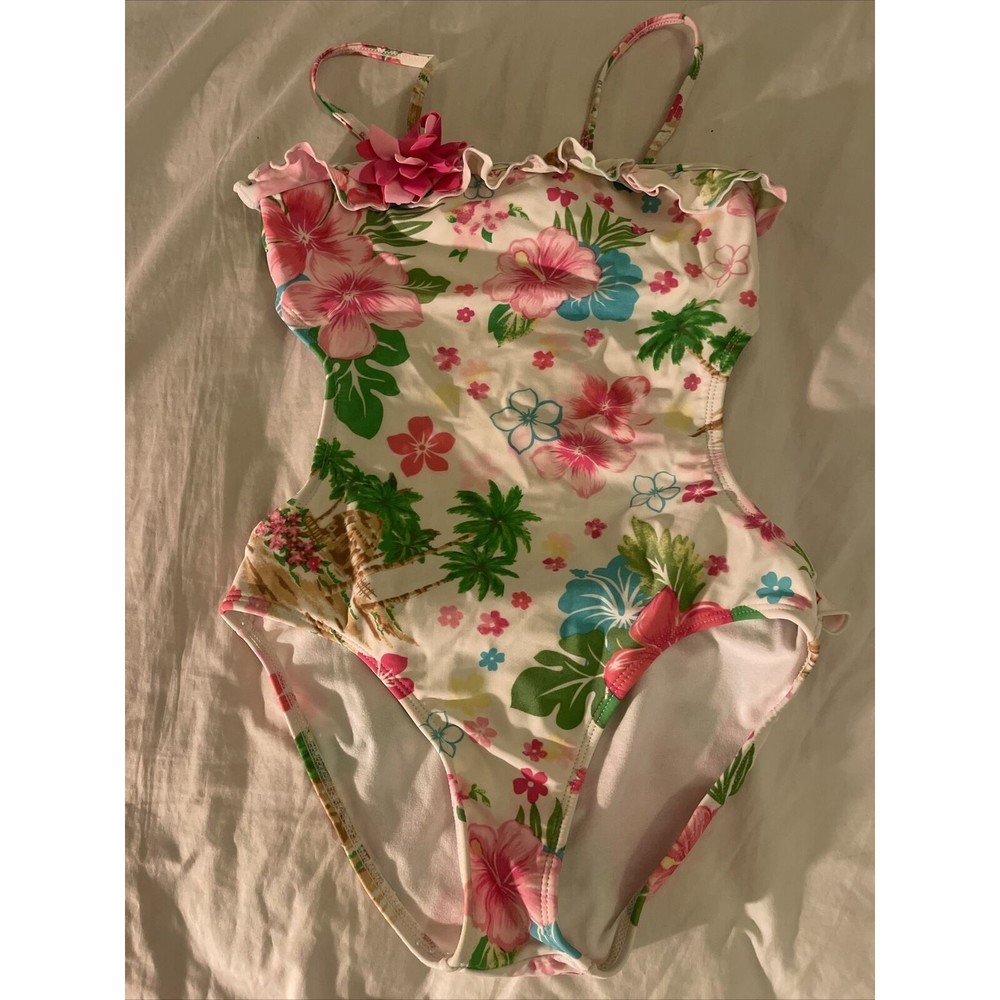 Pre Owned Sand N Sun One piece Open back Flower Kids bathing Suit 10-12